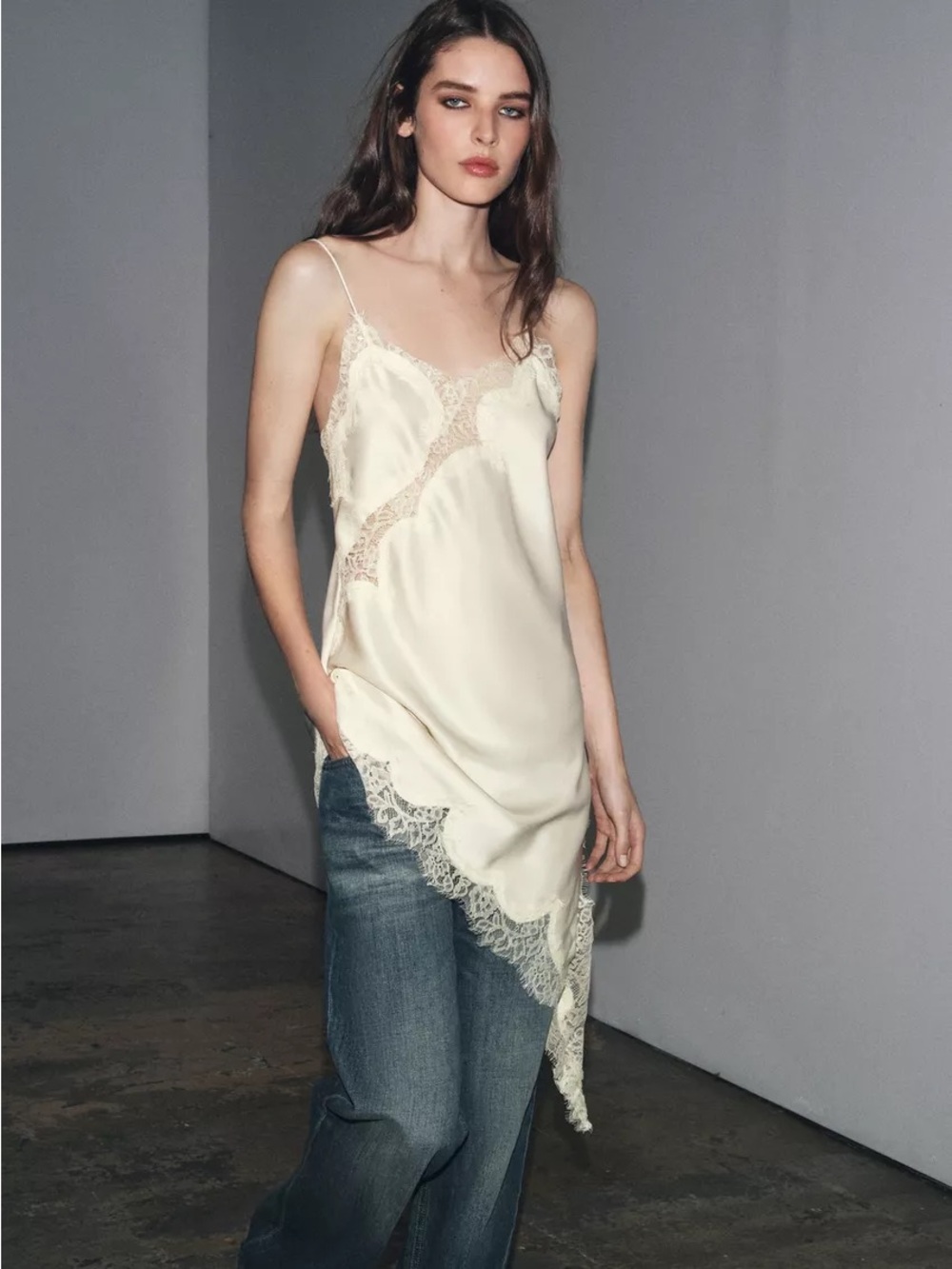 Zara Asymmetrical Lace-Trim Satin Slip Dress in Oyster-White Size M